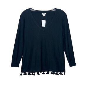 J. Crew Tassel Hem Sweater Women's Size XS Black 3/4 Sleeve Lightweight Boho